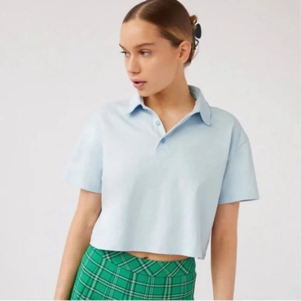 Aritzia Short sleeve Polo Shirt cropped lt blue size XS Roland casual academia